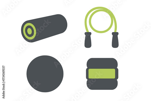 Collection of essential workout accessories including a foam roller jump rope medicine ball and hand weights