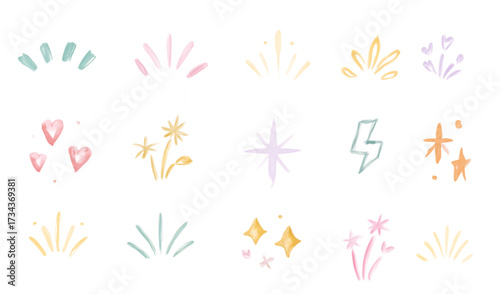 Collection of hand drawn abstract festive fireworks and sparkling starburst elements on a black background
