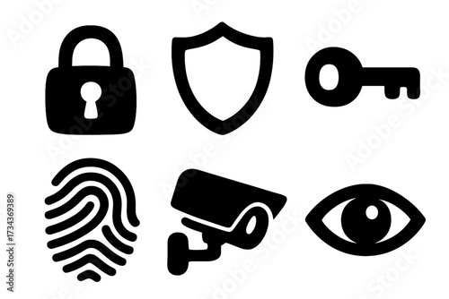 Security icons set. Vector glyph collection with lock, shield, key, fingerprint, CCTV camera, eye. Concept of safety, protection, privacy, surveillance, cybersecurity, access.