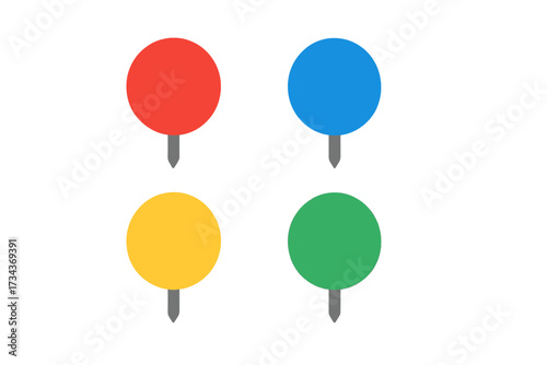 Vibrant collection of pushpins in red, blue, yellow, and green, ideal for marking locations on maps, organizing notes, and enhancing office bulletin boards