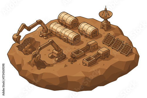 Mars colony mining operation with excavators, habitat modules, solar panels, and satellite dish