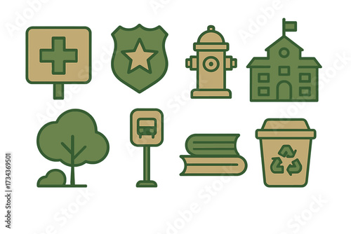 Community service icons set with hospital, police, fire, school, nature, transport, education, and recycling symbols