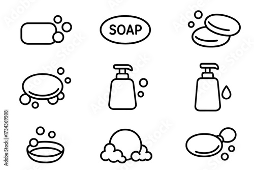 Soap line icon set. Vector symbols for hygiene, cleaning, and skincare. Minimalist pictograms of bar soap, liquid dispenser, foam, bubbles, and washing hands concept.
