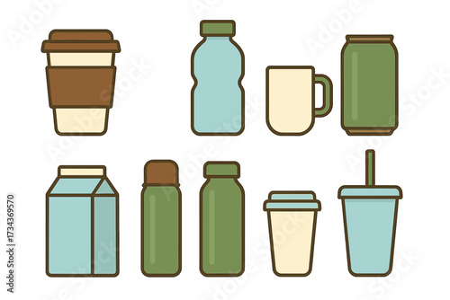 Diverse assortment of beverage containers, including reusable bottles, coffee cups, mugs, and disposable drinkware for various liquids and purposes