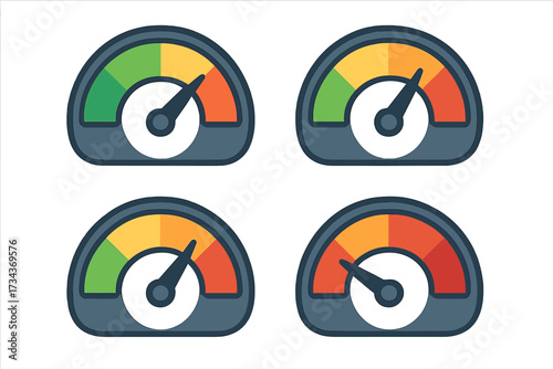 Set of speedometer icons. Gauge meter for performance, speed and risk. Credit score indicator. Dashboard element. Low, medium, high rating. Vector cartoon illustration.