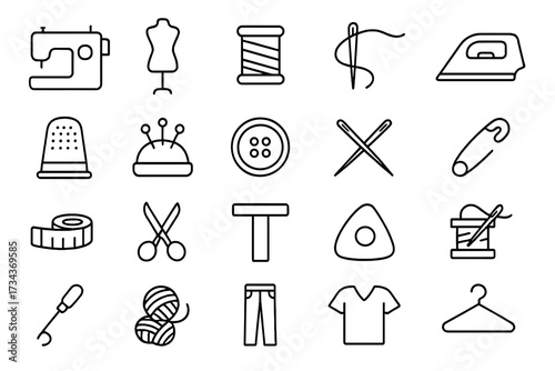 Sewing line icon set. Tailor, needlework, dressmaking tools. Garment and fashion design elements. Seamstress, craft, hobby equipment. Vector editable stroke symbols.