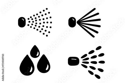 Spray icon set. Water spray symbol collection. Vector icons of mist, aerosol, and liquid drops. Nozzle spraying water, deodorant, graffiti or cleaner. Splash flow.