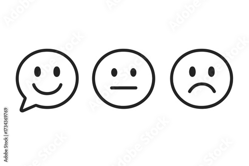 Feedback speech bubble emoticons. Customer satisfaction rating scale. Happy, neutral, and sad smileys for reviews. User experience survey concept. Mood opinion symbol vector icons.