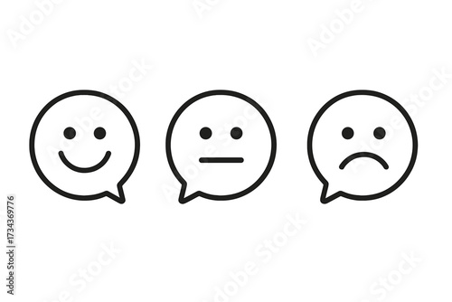 Feedback icon set with emoticon speech bubbles. Customer satisfaction rating scale with happy, neutral, and sad faces. User experience review symbols. Vector survey concept.