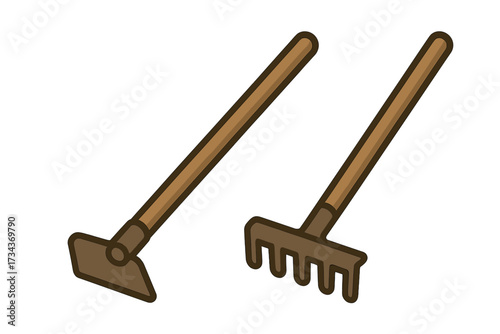 Essential gardening tools for soil cultivation and garden maintenance including a hoe and a rake