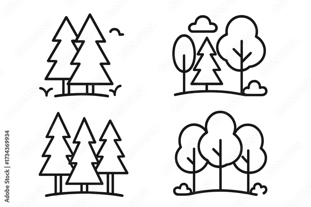 Obraz premium Tree and forest line icon set. Simple nature, park, and woodland symbols. Vector graphic for apps and web. Minimalist outline illustration of pine and deciduous trees.