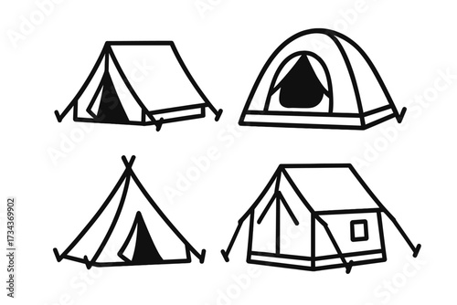 Tent icon set vector illustration. Camping and hiking outline symbols. Outdoor adventure and travel concept. Modern minimalist line art for design, web, apps, social media.