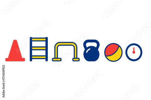 Collection of colorful fitness and sports equipment icons including cone, ladder, parallel bars, kettlebell, ball, and stopwatch