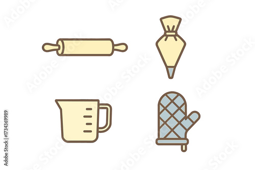 Essential baking tools and kitchen utensils set with rolling pin, piping bag, measuring cup, and oven mitt