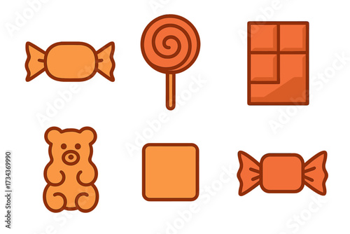 Collection of various sweet candies, including wrapped treats, a spiral lollipop, a chocolate bar, and a cute gummy bear