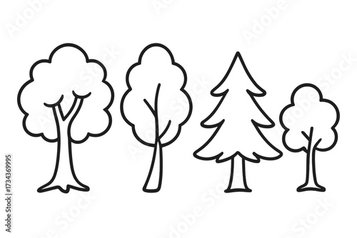 Tree icon set. Simple forest line art collection. Black outline vector illustration. Pine, fir, deciduous trees doodle. Nature, ecology, park graphic symbol for web design.