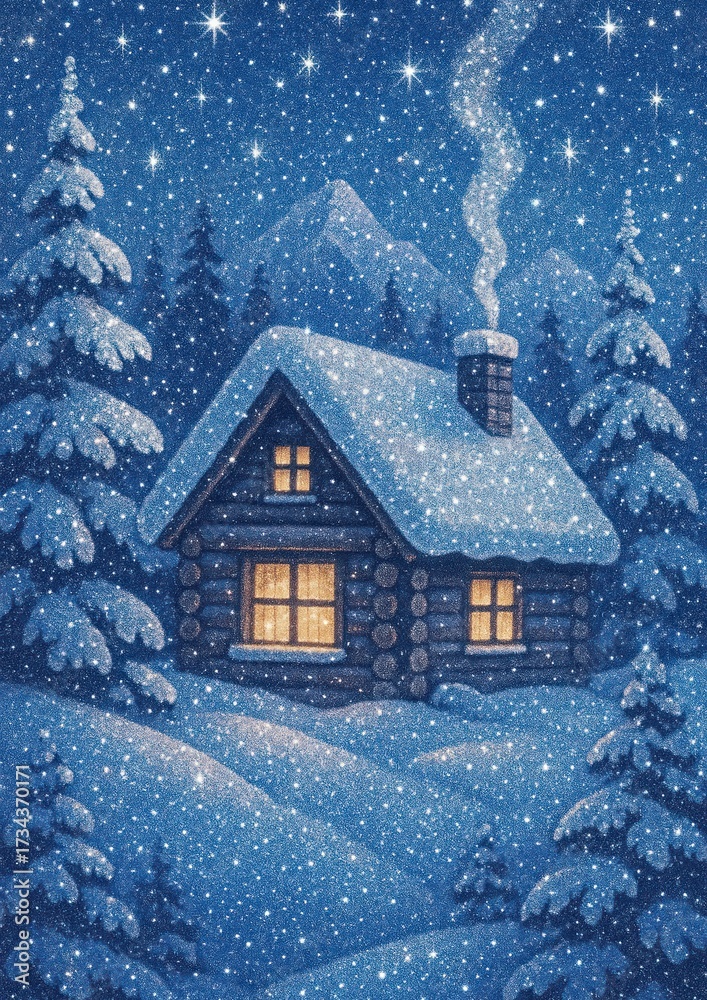 Naklejka premium Cozy cabin snowy night wallpaper.