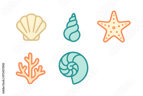 Vibrant collection of diverse ocean sea shells, starfish, and coral reef elements in a clean style, ideal for aquatic and marine life designs