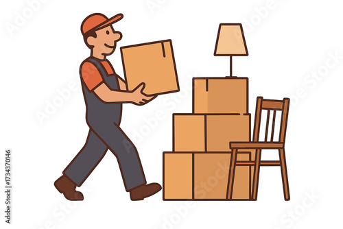 Mover man carrying box. Vector illustration of loader for moving service. Worker relocating with stacked cardboard boxes and furniture. Home moving and delivery concept.