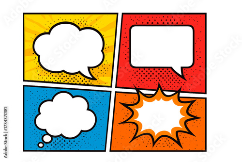 Comic book page with empty speech bubbles vector set. Pop art retro illustration with halftone background. Cartoon dialog clouds, thought balloons and explosion burst shapes.