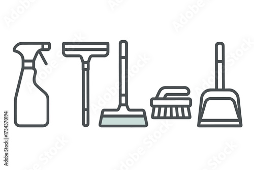 Various household cleaning implements such as a spray bottle, squeegee, broom, brush, and dustpan