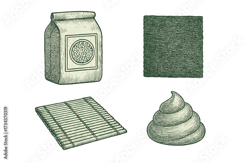 Essential elements for preparing traditional Japanese sushi including rice, nori, wasabi, and rolling mat