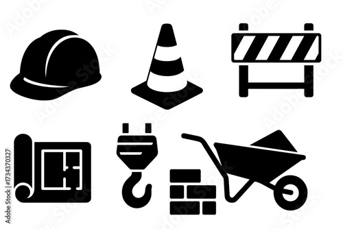 Essential construction site safety equipment and building tools icon set including hard hat, traffic cone, barrier, blueprint, crane hook, wheelbarrow, and bricks