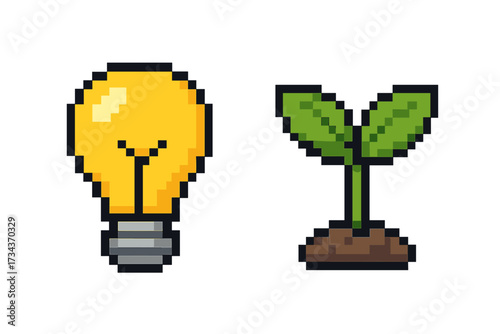 Lightbulb and plant sprout pixel art icon set. Metaphor for green idea, sustainable energy, eco innovation, growth and new beginnings. 8-bit retro gaming vector sprite.