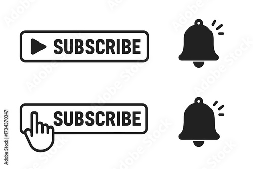 Subscribe button and notification bell vector icon set. Social media ui element. Web design with hand cursor click and play button for video channel promotion and marketing.