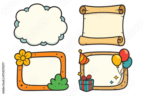 Cartoon frames vector set. Collection of cute doodle borders for text. Cloud, ancient scroll, nature flower, and birthday party gift box illustration. Isolated graphic design elements.