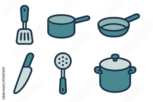 Essential kitchen utensils and cookware including pots, pans, spatula, knife, and slotted spoon for cooking