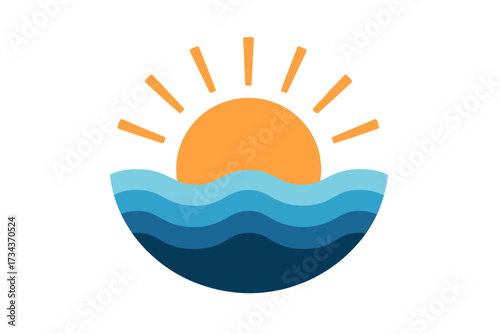 Bright orange sun emerging from tranquil blue ocean waves with a clear sky and peaceful atmosphere for summer and travel