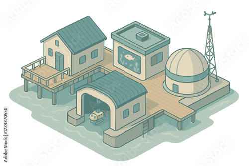 Isometric scientific research station built on water with an observatory, boathouse, and submarine for marine exploration and scientific discovery