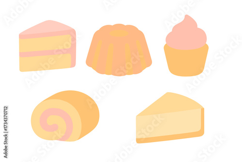 Assortment of sweet baked goods and desserts including cake slices, cupcake, bundt cake, and swiss roll in pastel colors