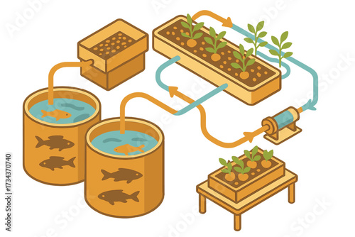 Integrated aquaponics system for sustainable food production showing fish tanks and hydroponic plant cultivation
