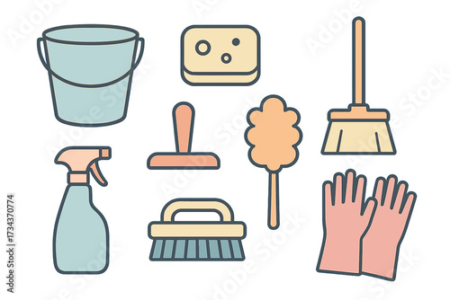 Collection of essential household cleaning tools and supplies for domestic chores and hygiene maintenance