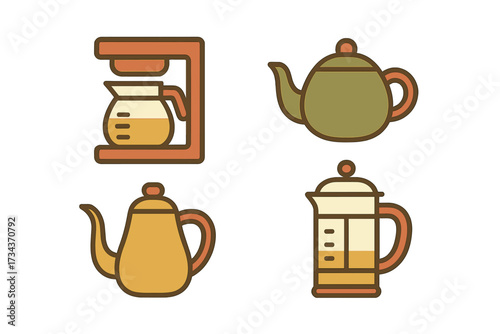 Stylized icons of coffee and tea brewing equipment including drip coffee maker, teapots, and French press