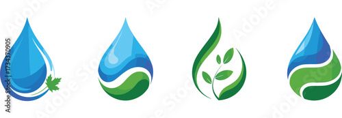 Eco water droplet icon set, nature and sustainability symbols, leaf and wave integration, environmental graphic, vector design, clean energy concept, green living theme