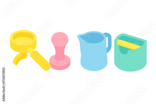 Isometric coffee making tools set including portafilter, tamper, milk pitcher, and knock box for barista equipment