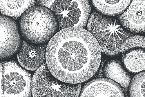 A detailed black and white illustration of various orange fruit slices and whole oranges..