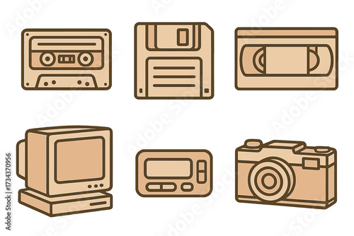 Retro technology icons featuring a cassette tape, floppy disk, VHS, CRT monitor, pager, and vintage camera