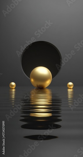 Golden sphere reflection in rippled water, minimalist art, dark background