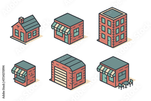 Stylized isometric buildings including residential and commercial structures for urban planning and business graphics