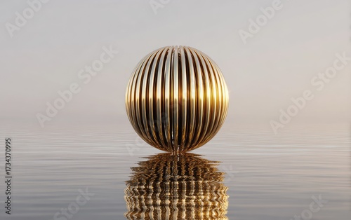 Golden, vertically-striped orb floating on water, reflecting the glowing object and light