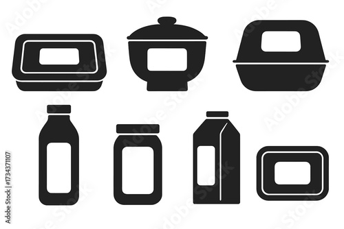 Assortment of everyday food storage containers, packaging, and kitchenware items in a clean graphic style for various uses