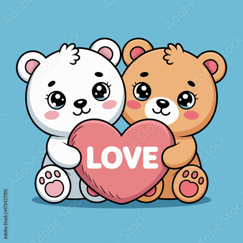 Two charming bears, one white and one brown, joyfully holding a heart, symbolizing love, friendship, and affection in a delightful and heartwarming illustration.