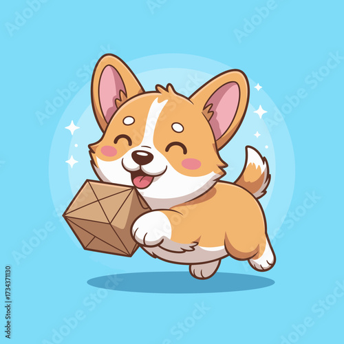 A cheerful corgi dog is joyfully jumping while holding a cute cardboard package in its mouth, radiating happiness and playfulness in a vibrant, colorful setting.
