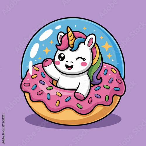 A charming unicorn happily floating in a colorful sprinkles donut, combining delightful sweetness with a magical essence, ideal for fantasy and fun merchandise.