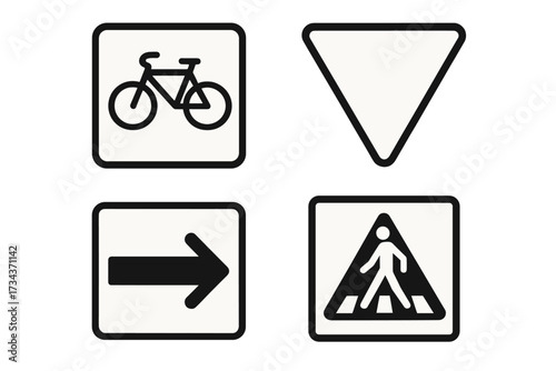 Collection of essential road safety signs including bicycle, yield, arrow, and pedestrian crossing symbols