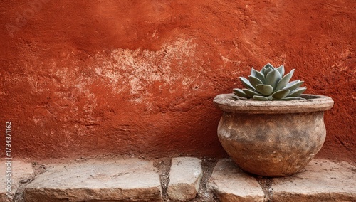 Rustic plant pot against terracotta wall